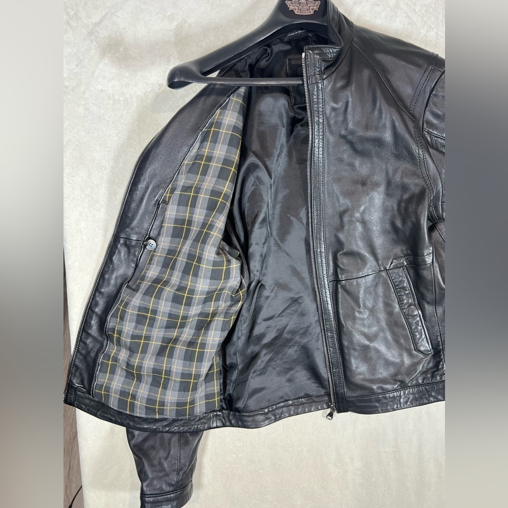 Hugo Boss EU40 US M 100% Leather Soft Lambskin Moto Biker Jacket Plaid Lined R4 - Picture 5 of 12